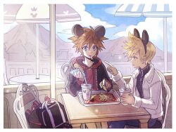 Rule 34 | 2boys, backpack, bag, black jacket, blonde hair, blue eyes, brown hair, cup, disneyland, disposable cup, drinking straw, eating, food, french fries, hair between eyes, holding, holding food, hood, hood down, hoodie, indoors, jacket, kingdom hearts, kingdom hearts iii, looking at another, male focus, mickey mouse ears, multiple boys, pointing, red hoodie, roxas, short hair, sitting, sora (kingdom hearts), spiked hair, umbrella, white jacket, window, yurichi (artist)