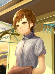 Rule 34 | 10s, 1girl, bad id, bad pixiv id, brown eyes, brown hair, building, chef no kimagure salad, clothes hanger, flat chest, idolmaster, idolmaster cinderella girls, long hair, nitta minami, open mouth, outdoors, ponytail, shirt, short sleeves, solo, striped clothes, striped shirt