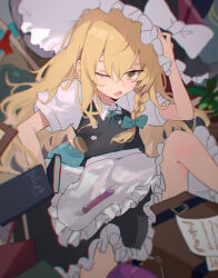 Rule 34 | 1girl, absurdres, apron, black hat, black skirt, black vest, blonde hair, book, bow, braid, collared shirt, commentary, frilled skirt, frills, green bow, green ribbon, hair between eyes, hair bow, hand on headwear, hat, highres, jar, kani nyan, kirisame marisa, long hair, looking at viewer, neck ribbon, one eye closed, open mouth, paper, ribbon, shirt, short sleeves, single braid, skirt, skirt set, solo, suitcase, sweatdrop, touhou, vest, vial, waist apron, white background, white shirt, witch hat, yellow eyes