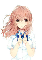Rule 34 | 10s, 1girl, absurdres, bow, bowtie, brown eyes, brown hair, commentary request, dragon xiuluo, highres, koe no katachi, long hair, looking at viewer, nishimiya shouko, school uniform, solo, white background
