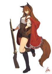 Rule 34 | 1girl, animal ears, artist name, boots, brown hair, cloak, fake animal ears, fingerless gloves, frills, full body, gloves, grin, gun, hair between eyes, hairband, hand on own hip, highres, knee boots, lansane, little red riding hood, long hair, looking at viewer, orange eyes, original, red hood, rifle, shirt, shorts, sidelocks, signature, simple background, sleeves rolled up, smile, solo, standing, standing on one leg, suspender shorts, suspenders, tail, tsana (lansane), v-shaped eyebrows, very long hair, weapon, white background, white shirt, wolf tail