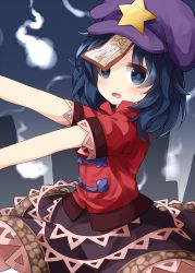 Rule 34 | 1girl, black skirt, blue eyes, blue hair, blush, cabbie hat, commentary request, empty eyes, eyes visible through hair, ghost, gradient background, graveyard, hat, highres, jiangshi, lace-trimmed sleeves, lace trim, looking at viewer, medium hair, miyako yoshika, ofuda, one-hour drawing challenge, open mouth, outstretched arms, popped collar, purple hat, red shirt, ruu (tksymkw), shirt, short sleeves, skirt, solo, star (symbol), tombstone, touhou, upper body, zombie pose