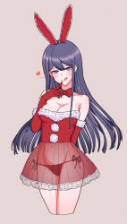 Rule 34 | 1girl, :q, absurdres, alternate costume, animal ears, arm behind back, bare shoulders, blue eyes, blush, bow, breasts, cleavage, collarbone, commentary request, cropped legs, danganronpa: trigger happy havoc, danganronpa (series), dress, elbow gloves, fake animal ears, finger to own chin, fur-trimmed dress, fur trim, gloves, grey background, hair ornament, hairclip, hand up, heart, highres, large breasts, long hair, looking at viewer, maizono sayaka, panties, rabbit ears, red bow, red gloves, red panties, see-through, seongkun (agn000), smile, solo, tongue, tongue out, underwear