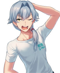 Rule 34 | 1boy, arm behind head, asada hachi, commentary request, hair tie, idolmaster, idolmaster side-m, kizaki ren, long hair, looking to the side, male focus, one eye closed, open mouth, ponytail, shirt, short sleeves, silver hair, simple background, solo, tears, teeth, upper teeth only, white background, white shirt, yawning, yellow eyes