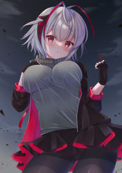 Rule 34 | 1girl, arknights, black gloves, black jacket, black pantyhose, black scarf, black skirt, blush, breasts, cowboy shot, dark sky, demon horns, fingerless gloves, gloves, grey hair, grey shirt, grey sky, hand on own chest, hands up, highres, horns, jacket, large breasts, looking at viewer, miwa uni, open clothes, open jacket, pantyhose, parted lips, red eyes, scarf, shirt, skirt, sky, solo, w (arknights)