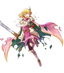 Rule 34 | 1girl, armor, artist request, black thighhighs, blonde hair, blue eyes, breastplate, cape, dress, elbow gloves, fire emblem, fire emblem: thracia 776, fire emblem heroes, full body, gloves, greaves, highres, holding, holding sword, holding weapon, nanna (fire emblem), nintendo, non-web source, official art, one eye closed, open mouth, pauldrons, pink cape, pink dress, short hair, shoulder armor, solo, staff, sword, thighhighs, torn cape, torn clothes, torn thighhighs, transparent background, weapon, white gloves, wing hair ornament
