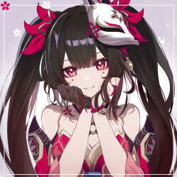Rule 34 | 1girl, bare shoulders, bell, black gloves, blunt bangs, bow, breasts, brown hair, commentary request, dress, flower-shaped pupils, fox mask, gloves, grey background, hair between eyes, hands on own chin, head rest, head tilt, honkai: star rail, honkai (series), long hair, looking at viewer, mask, mask on head, neko daruma, parted lips, pink eyes, red dress, single glove, smile, solo, sparkle (honkai: star rail), symbol-shaped pupils, twintails