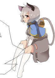 Rule 34 | 1girl, :o, animal ears, basket, between legs, blush, breasts, capelet, dowsing rod, fang, grey hair, highres, holding, holding with tail, kneehighs, long sleeves, looking at viewer, mouse ears, mouse tail, nazrin, open mouth, prehensile tail, red eyes, short hair, sitting, skirt, skirt set, socks, solo, tail, takimoto yukari, touhou, v arms, vest