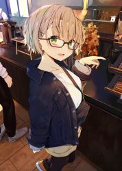 Rule 34 | 1girl, bag, black hair, black pantyhose, blonde hair, blush, cafe, collarbone, denim, denim jacket, from above, glasses, green eyes, hair ornament, indoors, jacket, kamizaki hibana, long hair, long sleeves, looking at viewer, open clothes, open jacket, open mouth, original, pantyhose, plant, pointing, potted plant, pov, shirt, shoes, short hair, shoulder bag, solo focus, standing, white shirt, x hair ornament