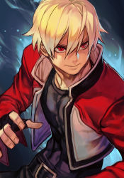 Rule 34 | 1boy, aura, belt, belt buckle, black pants, black shirt, blonde hair, buckle, fatal fury, fighting stance, fingerless gloves, gloves, hungry clicker, jacket, male focus, garou: mark of the wolves, pants, red eyes, red jacket, rock howard, serious, shirt, snk, solo, the king of fighters, upper body
