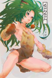 Rule 34 | 1girl, animal ears, animal hands, animal print, breasts, cat ears, cham cham, gloves, green eyes, green hair, highres, long hair, no panties, paw gloves, paw shoes, samurai spirits, shoes, small breasts, snk, solo, tiger ears, tiger girl, tiger paws, tiger print, uemate