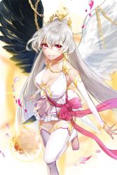 Rule 34 | 1girl, arm warmers, ball, barefoot, black wings, breasts, chain, cleavage, evil smile, hair ornament, highres, large breasts, leggings, long hair, looking at viewer, metatron (soccer spirits), mismatched wings, nail polish, official art, pink nails, red eyes, resized, smile, soccer spirits, solo, standing, standing on one leg, thighhighs, transparent background, tuuuh, upscaled, white hair, white thighhighs, white wings, wings