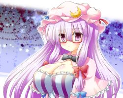 Rule 34 | 1girl, bespectacled, blush, bow, breasts, cleavage, crescent, female focus, glasses, hat, large breasts, osashin (osada), patchouli knowledge, purple eyes, purple hair, solo, star (symbol), touhou, upper body