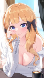 Rule 34 | 1girl, absurdres, arada (corsair zero), black bow, blonde hair, blue eyes, blunt bangs, bow, breasts, cleavage, closed mouth, coffee, coffee mug, collarbone, cup, elf, hair bow, highres, large breasts, leaning forward, long sleeves, looking at viewer, mug, pointy ears, princess connect!, saren (princess connect!), shirt, smile, solo, straight hair, white shirt, window