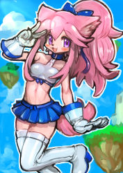 Rule 34 | 1girl, animal ears, bare arms, bare shoulders, blue bow, blue skirt, blush, boots, bow, breasts, cat ears, cat girl, chocolat gelato, cloud, dakusuta, floating island, gloves, hair between eyes, hair bow, hair ornament, high ponytail, highres, leg up, little tail bronx, long hair, midriff, miniskirt, navel, open mouth, pink hair, ponytail, purple eyes, race queen, salute, skirt, sky, solatorobo, solo, tail, thigh boots, thighhighs, two-finger salute, white footwear, zettai ryouiki