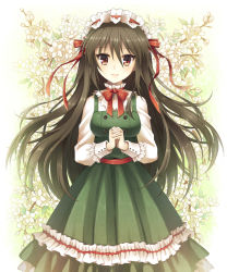 Rule 34 | 1girl, bow, bowtie, brown eyes, brown hair, dress, floral background, green dress, hairband, highres, lolita hairband, long hair, looking at viewer, mauve, original, own hands clasped, own hands together, pinafore dress, sleeveless dress, smile, solo