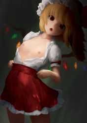 Rule 34 | 1girl, :o, bad id, bad pixiv id, bare arms, blonde hair, collarbone, cowboy shot, cross-eyed, crystal, flandre scarlet, flat chest, hands up, hat, heierqi, high-waist skirt, highres, leaning to the side, long hair, looking at viewer, mob cap, nipples, open clothes, open mouth, open shirt, puffy short sleeves, puffy sleeves, red eyes, red skirt, shirt, short sleeves, skirt, solo, standing, stomach, touhou, white shirt, wings