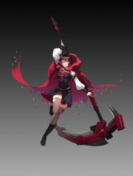 Rule 34 | 1girl, absurdres, anastasia (angelisa j), arm up, black dress, black footwear, black hair, blouse, boots, breasts, brown thighhighs, cape, closed mouth, crescent rose, dress, full body, gradient background, gradient hair, grey background, grey eyes, highres, holding, holding scythe, hood, hood down, hooded, knee boots, layered dress, leg up, long sleeves, looking at viewer, medium breasts, multicolored hair, pinafore dress, print thighhighs, red cape, red hair, ruby rose, rwby, scythe, shirt, short dress, short hair, sleeveless, sleeveless dress, solo, strapless, strapless dress, thighhighs, torn clothes, torn thighhighs, white shirt, zettai ryouiki