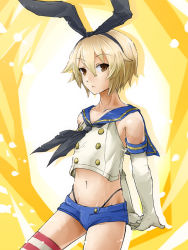 Rule 34 | 1boy, blonde hair, brown eyes, elbow gloves, expressionless, fudeyama (fudeco), g-string, genderswap, genderswap (ftm), gloves, kantai collection, navel, shimakaze-kun, shimakaze (kancolle), shimakaze (kantai collection), short hair, short shorts, shorts, solo, striped clothes, striped thighhighs, thighhighs, thong