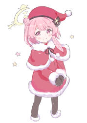Rule 34 | 1girl, absurdres, black mittens, blue archive, capelet, christmas, hair bun, halo, hat, highres, mittens, nprmtp, pantyhose, pink eyes, pink hair, santa costume, santa hat, serina (blue archive), serina (christmas) (blue archive), white background