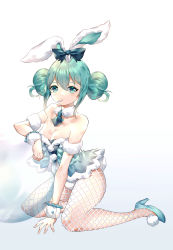 Rule 34 | 1girl, animal ears, bare shoulders, bicute bunnies miku, blue footwear, blush, breasts, cleavage, closed mouth, collarbone, commentary, double bun, fishnet pantyhose, fishnets, full body, fur collar, fur trim, gradient background, green eyes, green hair, green necktie, grey background, hair between eyes, hair bun, hatsune miku, high heels, highres, leotard, medium breasts, mouth hold, necktie, pantyhose, rabbit ears, rabbit girl, rhea (0u0), shoes, short necktie, sidelocks, solo, strapless, strapless leotard, symbol-only commentary, transparent, vocaloid, white background, white leotard, wrist cuffs