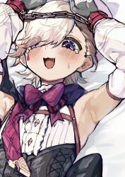 Rule 34 | 1boy, ?, armpits, arms up, bed sheet, blush, bound, bound wrists, bow, bowtie, detached sleeves, garter straps, genshin impact, gloves, grey hair, highres, looking at viewer, lying, lyney (genshin impact), male focus, on back, open mouth, purple eyes, solo, sweat, teardrop facial mark, tears, trap, upper body, yoruhachi