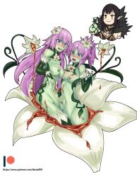 Rule 34 | 3girls, absurdres, alraune, bare shoulders, black dress, black hair, blush, braid, breasts, bridal gauntlets, colored skin, commentary, cowboy shot, dress, elbow gloves, embarrassed, english commentary, eyes visible through hair, fate/apocrypha, fate (series), french braid, fur trim, gloves, green skin, hair between eyes, highres, ibenz009, jeanne d&#039;arc (fate), jeanne d&#039;arc (ruler) (fate), liliraune (monster girl encyclopedia), long hair, looking at viewer, medium breasts, monster girl, monster girl encyclopedia, monster girl encyclopedia ii, monsterification, mordred (fate), mordred (fate/apocrypha), multiple girls, navel, nectar, nipples, no bra, nude, open mouth, patreon logo, patreon username, plant girl, pointy ears, ponytail, purple eyes, purple hair, purple skirt, semiramis (fate), skirt, small breasts, spikes, stomach, teeth, thighhighs, tongue, transformation, transparent background, upper body, very long hair, watermark, web address, white background, yellow eyes, yuri