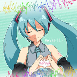 Rule 34 | 1girl, aqua hair, bad id, bad pixiv id, closed eyes, detached sleeves, female focus, gradient background, hatsune miku, headset, heart, heart hands, heart on chest, hinami (ryuusei potechi), necktie, smile, solo, twintails, vocaloid