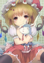 Rule 34 | 1girl, ahoge, animal ears, bad id, bad pixiv id, black thighhighs, blonde hair, blue hair, blush, character doll, female focus, flandre scarlet, food-themed hair ornament, hair ornament, hairclip, hat, long hair, looking at viewer, outline, ponytail, rabbit ears, red eyes, reisen udongein inaba, sanntouhei, short hair, side ponytail, smile, solo, stuffed toy, thighhighs, touhou, wings