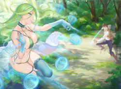 Rule 34 | 1boy, 1girl, bikini, blue eyes, blue gloves, blue thighhighs, boots, breasts, brown hair, choker, cleavage, dariel, day, earrings, floating, forest, gloves, grass, green bikini, green choker, green hair, holding, holding sword, holding weapon, jewelry, kaiko sareta ankoku heishi (30-dai) no slow na second life, large breasts, levitation, long hair, midair, nature, navel, novel illustration, official art, outdoors, sage joh, see-through, smile, sunlight, swimsuit, sword, thighhighs, tree, weapon, zebiantes