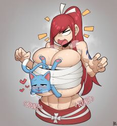 Rule 34 | 1boy, 1girl, angry, animal ears, arm tattoo, blue skin, blush, breasts, cat ears, cat tail, clothed sex, clothes, colored skin, english text, erza scarlet, fairy tail, furry, furry male, furry with non-furry, gradient background, hair over one eye, handsfree paizuri, happy (fairy tail), heart, hetero, huge breasts, interspecies, long hair, looking at viewer, open mouth, paizuri, paizuri under clothes, pointy ears, ponytail, red hair, size difference, tail, takyzen, tattoo