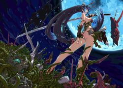 Rule 34 | 1girl, absurdres, armor, ass, banpresto, black hair, breasts, cleavage, from below, gauntlets, glowing, half-closed eyes, highres, holding, holding sword, holding weapon, jian huang, katana, legs apart, long hair, looking back, mecha musume, moon, outdoors, persoenlichkeit, personification, revealing clothes, solo, standing, super robot wars, sword, very long hair, weapon