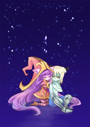 Rule 34 | 1boy, 1girl, absurdly long hair, animal ears, armor, armored boots, blonde hair, blue skin, boots, closed eyes, colored skin, hand on another&#039;s shoulder, hat, highres, kneeling, league of legends, long hair, lulu (league of legends), navel, no shirt, pantyhose, purple hair, purple skin, scar, sitting, spikes, striped clothes, striped legwear, striped pantyhose, tears, veigar, very long hair, yan531, yellow eyes, yordle