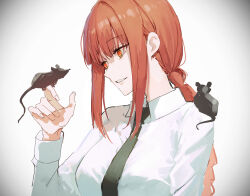Rule 34 | 1girl, animal, animal on hand, animal on shoulder, black necktie, braid, braided ponytail, chainsaw man, collared shirt, highres, looking at another, makima (chainsaw man), medium hair, mouse (animal), necktie, parted lips, pigone, red hair, ringed eyes, shirt, sidelocks, simple background, smile, solo, white background, white shirt, yellow eyes