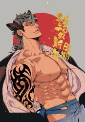 Rule 34 | 1boy, 2019, abs, animal ears, bara, bare pectorals, black kimono, boar ears, bulge, chinese zodiac, collarbone, cowboy shot, ear piercing, eyeshadow, fang, grey hair, happy new year, japanese clothes, kimono, large pectorals, makeup, male focus, mature male, medium hair, muscular, muscular male, navel, new year, nipples, open clothes, open kimono, original, pectorals, piercing, pig boy, pig ears, red eyeshadow, sideburns, solo, stomach, translation request, yan (bltyann), year of the pig