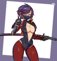Rule 34 | 1girl, armor, black hair, bob cut, bodysuit, breasts, character name, covered mouth, gloves, green eyes, highres, holding, holding sword, holding weapon, jacket, katana, large breasts, mask, mole, mole on breast, mouth mask, navel, nisetanaka, one eye covered, open bodysuit, open clothes, open jacket, original, pauldrons, peace symbol, prosthesis, prosthetic arm, samurai, scar, scar across eye, short hair, shoulder armor, simple background, solo, standing, sword, weapon
