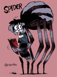 Rule 34 | 1girl, :d, anya (rariatto), arachne, arthropod girl, blue sweater, blush, book, bug, colorized, extra eyes, flying sweatdrops, glasses, highres, holding, holding book, ink (medium), inktober, insect girl, long sleeves, looking at viewer, mixed media, monster girl, open book, open mouth, original, parted bangs, pink background, rariatto (ganguri), reading, red eyes, round eyewear, shoes, short hair, simple background, skirt, smile, solo, spider, spider girl, sweater, taur, traditional media, twitter username