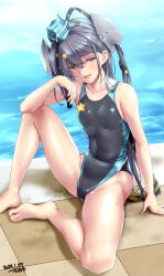 Rule 34 | 1girl, aqua headwear, bare legs, barefoot, black one-piece swimsuit, black ribbon, breasts, candy, collarbone, commentary request, competition swimsuit, dated, feet, food, garrison cap, grey eyes, grey hair, hair ornament, hair ribbon, hat, headgear, highleg, highleg swimsuit, highres, holding, holding candy, holding food, kantai collection, knee up, long hair, looking at viewer, one-piece swimsuit, open mouth, outdoors, ribbon, scamp (kancolle), side ponytail, signature, sitting, small breasts, smile, star (symbol), star hair ornament, swimsuit, toes, tsuchimiya, two-tone one-piece swimsuit, water, wet, wet clothes, wet swimsuit