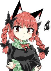Rule 34 | 1girl, angry, animal ears, black bow, black dress, bow, braid, cat ears, chups, closed mouth, cowboy shot, dress, extra ears, frilled dress, frilled sleeves, frills, green frills, highres, kaenbyou rin, long sleeves, looking at viewer, nail polish, red eyes, red hair, red nails, red neckwear, ribbon, solo, touhou, twin braids, white background