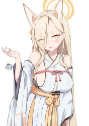 Rule 34 | 1girl, absurdres, animal ears, bare shoulders, blonde hair, blue archive, blush, breasts, detached sleeves, eyes visible through hair, fox ears, hair behind ear, hair ornament, hair over one eye, hairband, halo, highres, japanese clothes, kaho (blue archive), kimono, large breasts, mole, mole under mouth, obi, open mouth, ryuu kure mu, sash, short eyebrows, sideboob, solo, tassel, white background, white kimono, yellow eyes, yellow hairband