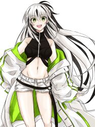 Rule 34 | 1girl, apomu, bare shoulders, black hair, black shirt, breasts, commentary request, fate/grand order, fate (series), floating hair, green eyes, green jacket, hair between eyes, highres, jacket, long hair, looking at viewer, medium breasts, midriff, multicolored clothes, multicolored hair, multicolored jacket, nagao kagetora (fate), navel, off shoulder, open clothes, open jacket, open mouth, shirt, short shorts, shorts, simple background, sleeveless, sleeveless shirt, smile, solo, stomach, teeth, two-tone hair, two-tone jacket, upper teeth only, very long hair, white background, white hair, white jacket, white shorts