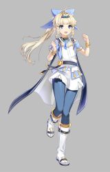Rule 34 | 1boy, :d, ahoge, aither (epic seven), belt, blonde hair, blue bow, blue eyes, blue legwear, blue pants, boots, bow, bracelet, braid, cape, clenched hand, epic seven, full body, gem, grey background, highres, jewelry, long hair, looking at viewer, male focus, official art, open mouth, pants, ponytail, sidelocks, skirt, smile, solo, standing, standing on one leg, trap, white footwear, white skirt