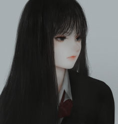 Rule 34 | 1girl, absurdres, aoi ogata, artist name, black eyes, black hair, black jacket, bow, closed mouth, collared shirt, commentary, diagonal stripes, english commentary, eyebrows hidden by hair, grey background, highres, jacket, kawakami tomie, long hair, looking away, looking to the side, mole, mole under eye, red bow, shirt, solo, striped, striped bow, tomie, upper body, white shirt
