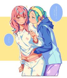 Rule 34 | 2girls, bandolllll, blue hair, blush, character request, copyright request, female focus, hand under clothes, hood, hoodie, multiple girls, navel, pajamas, pink hair, ponytail, yuri