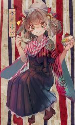 Rule 34 | 1girl, absurdres, apron, bell, boots, checkered clothes, checkered shirt, cross-laced footwear, dessert, eating, floral print, food, fruit, full body, hair bell, hair ornament, highres, ijen (ljenejl), japanese clothes, kimono, lace-up boots, looking at viewer, meiji schoolgirl uniform, motoori kosuzu, red eyes, red hair, shaved ice, shirt, short hair, sitting, smile, solo, spoon, touhou, twintails, two side up, wide sleeves, yagasuri