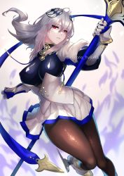Rule 34 | absurdres, armor, azur lane, bodystocking, breastplate, breasts, corset, covered erect nipples, cross, fleur-de-lis, gauntlets, gloves, grey hair, highres, holding, holding polearm, holding spear, holding weapon, kurono hyouka, left-handed, looking at viewer, medium breasts, medium hair, mole, mole under eye, pantyhose, pleated skirt, polearm, red eyes, saint-louis (azur lane), skirt, solo, spear, weapon, white gloves, white skirt