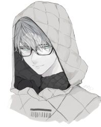 Rule 34 | 1boy, absurdres, barcode, black-framed eyewear, blue eyes, coat, fate/grand order, fate/grand order arcade, fate (series), glasses, grey hair, hair between eyes, highres, hood, hood up, hooded coat, jacques de molay (saber) (fate), jtgbaaa, looking down, male focus, padded coat, portrait, simple background, solo, white background, white coat