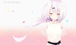 Rule 34 | 1girl, absurdres, anniversary, black bow, blush, bow, breasts, closed eyes, closed mouth, commentary request, dress, facing viewer, floating hair, gradient background, grey background, hair between eyes, hair ornament, hairclip, highres, hijouguti, long hair, low ponytail, medium breasts, nijisanji, pink background, ponytail, see-through, see-through sleeves, shiina yuika, short sleeves, silver hair, smile, solo, very long hair, virtual youtuber, white dress, wide sleeves