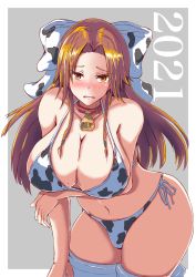 Rule 34 | 1girl, 2021, animal print, bell, bikini, border, bow, breasts, brown eyes, brown hair, cleavage, commentary request, cow print, cowbell, cowboy shot, grey background, hair bow, hair intakes, half updo, highres, huge breasts, jintsuu (kancolle), kantai collection, kurage ituki, long hair, looking at viewer, side-tie bikini bottom, solo, swimsuit, thighhighs, two-tone background, white bikini, white border, white bow, white thighhighs