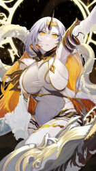 1girl absurdres arm_up armlet armpits bare_shoulders blonde_hair breasts colored_inner_hair commentary_request covered_navel detached_sleeves dress fire_emblem fire_emblem_heroes gold_trim grey_dress gullveig_(fire_emblem) highres horns huge_breasts ikura_(downdexp) jewelry long_hair looking_at_viewer multicolored_hair nintendo no_nose pale_skin sideboob signature single_horn snake solo two-tone_dress two-tone_hair very_long_hair white_dress white_hair white_sleeves yellow_eyes